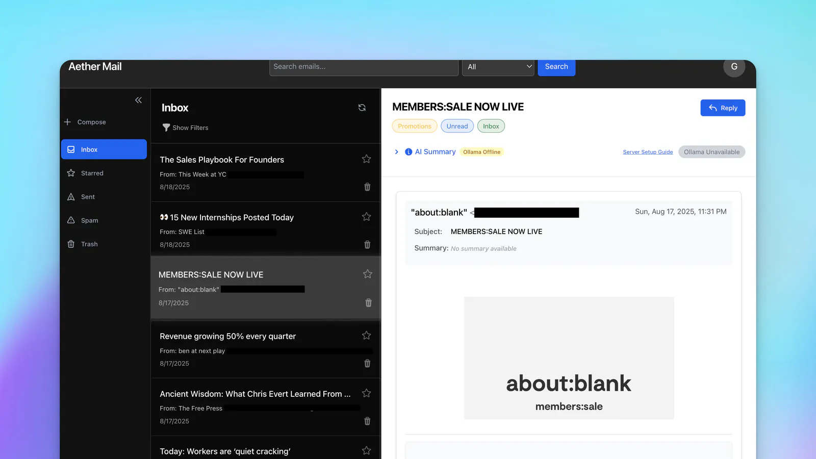 Aether email client interface with an inbox and AI-assisted email controls.