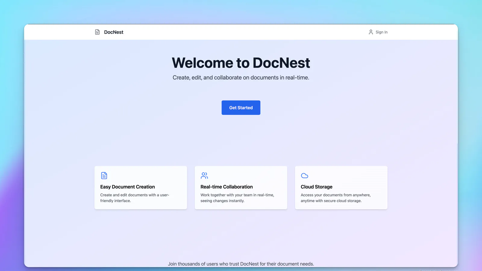 Docnest collaborative document editor with a document list and editing workspace.