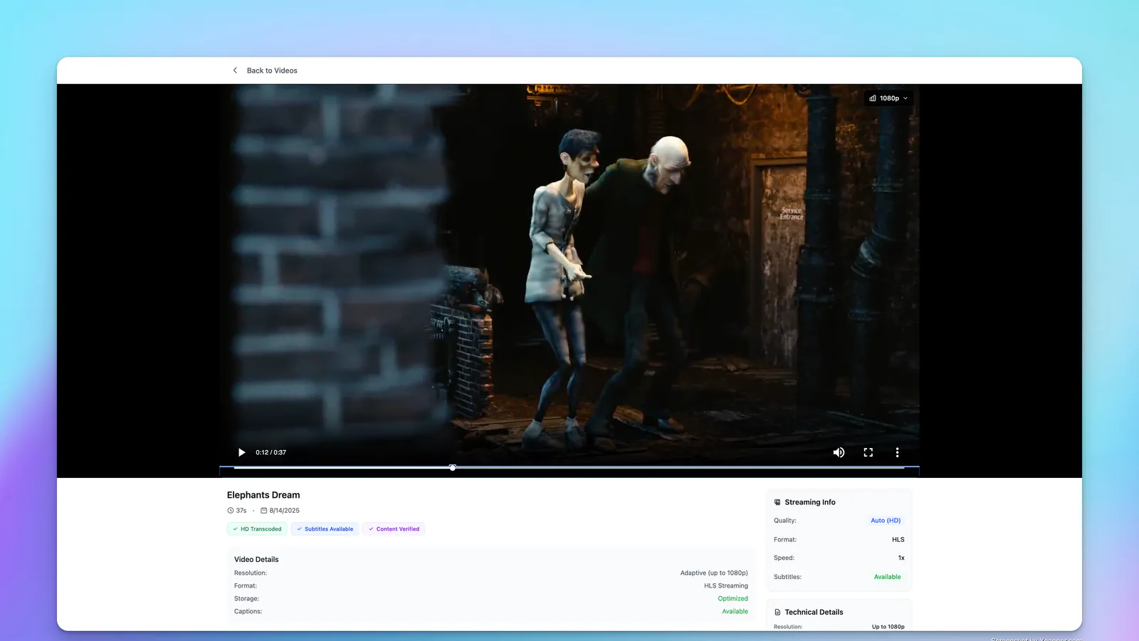 VidSmith video platform interface with uploaded media and processing controls.